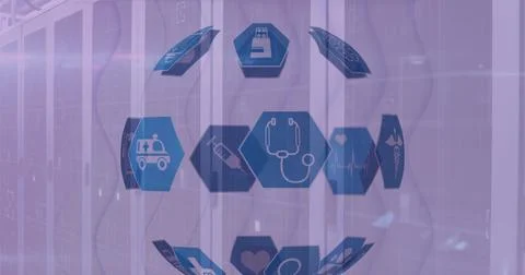 Floating medical icon sphere hovering in data center racks, with holographic Stock Photos