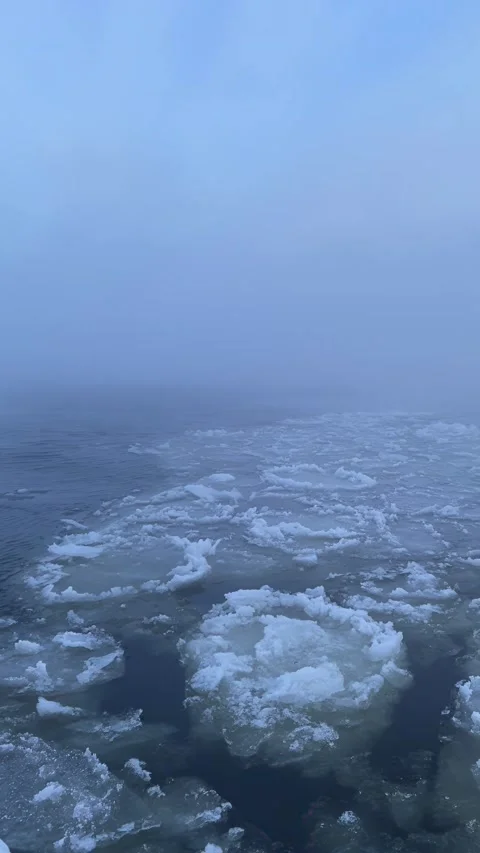 Floating melting icebergs seen from moving ship in cold Arctic ocean Stock Footage 345516588