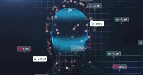 Floating mesh head against dark grid, featuring social media icons, counters and 스톡 일러스트