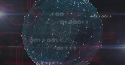 Floating mesh-network sphere showing skull-and-crossbones icon in cyber space, Stock Illustration