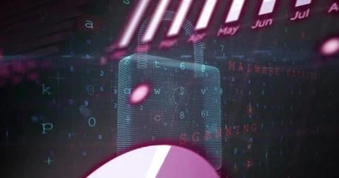 Floating mesh padlock hovering in cyber dashboard with code pie months 写真素材