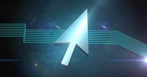 Floating metallic 3D arrow cursor conveying motion at virtual interface, with Stockfoto's