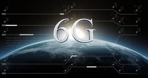 Floating metallic 6G text hovering above Earth horizon at dawn, with digital HUD Stock Illustration
