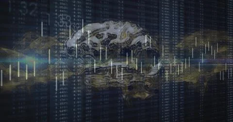 Floating metallic brain reflecting gold-silver in trading screen, with scrolling Illustrazione stock
