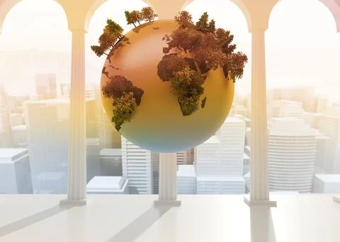 Floating metallic Earth globe sprouting miniature trees in 3D render arches Stock Photos