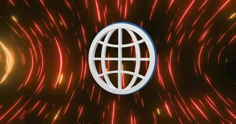 Floating metallic globe grid icon outlined in blue inside digital vortex, Stock Illustration