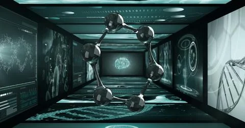 Floating metallic molecular ring rotating in hightech corridor, with brain Stock Photos