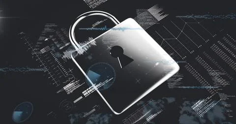 Floating metallic padlock glowing over virtual interface, featuring code Stockillustratie