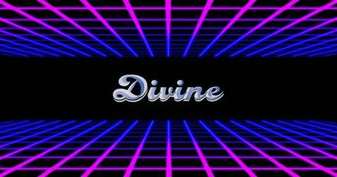 Floating metallic script word Divine hovering in virtual 3D retro grid space, 스톡 일러스트