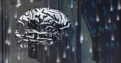 Floating metallic stylized brain drifting within virtual environment, with st Stock Photos