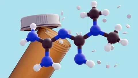 The floating metformin pills, molecular structure, and drug bottle. Stock Illustration