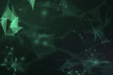 Floating mint-green wireframe clusters and translucent angular shapes form .. Stock Illustration