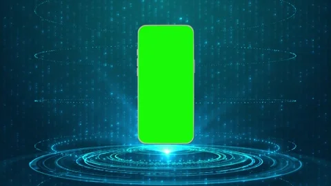 Floating mobile chroma display visual with glowing cyber platform, vertical ligh Stock Footage 340548395