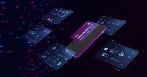 Floating modern smartphone displaying purple credit card and holographic UI Stock Illustration