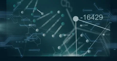 Floating molecular graphic on biotech data dashboard, with 3D spheres, binary イラスト素材
