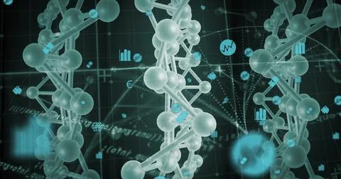 Floating molecular helices spinning in virtual data grid, with cyan financial Stock Photos