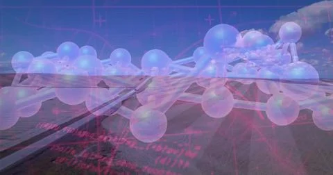 Floating molecular model hovering above long road across grassy plain, showing Stock Photos
