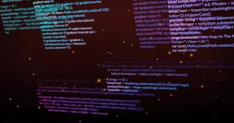Floating monospace JS code panels in dark gradient, showing orange bokeh and Stock Photos