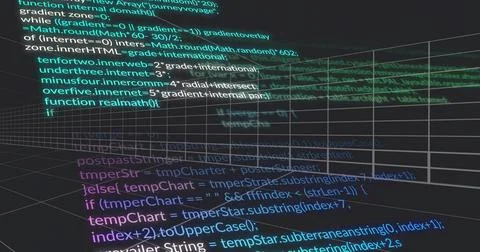 Floating monospaced code and wire grid receding left in 3D, showing green wav Stock Illustration