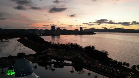 Floating Mosque Sunset Malaysia - 4K Panoramic Aerial Footage Stock Footage 311672451