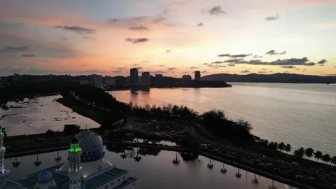 Floating Mosque Sunset Malaysia - 4K Panoramic Aerial Footage Stock Footage 312071767