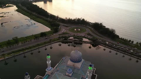 Floating Mosque Sunset Malaysia - 4K Panoramic Aerial Footage Stock Footage 312072810
