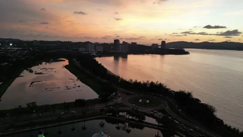 Floating Mosque Sunset Malaysia - 4K Panoramic Aerial Footage Stock Footage 312072815