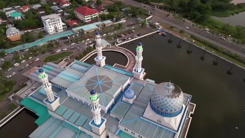 Floating Mosque Sunset Malaysia - 4K Panoramic Aerial Footage Stock Footage 312072816