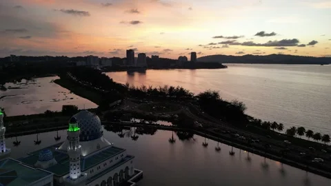 Floating Mosque Sunset &amp; Reflection Malaysia - 4K Panoramic Aerial Footage Stock Footage 312071786