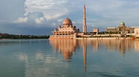 Floating Mosque with warm light from sunset Stock Footage 57821754