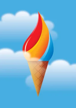 Floating multi-coloured ice cream cone in blue summer sky. Stock Illustration