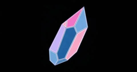 Floating multi-faceted crystal drifting in black void, with glowing pink blue Stock Illustration