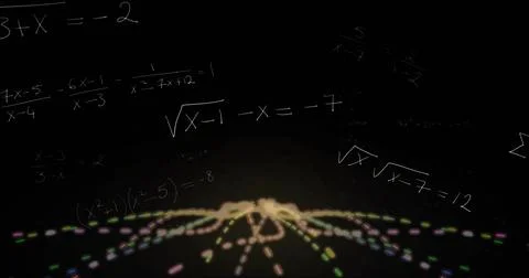 Floating multicolored dotted lines converging toward horizon in void, with Illustrazione stock