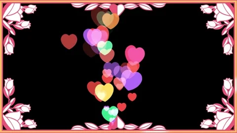 Floating multicolored hearts rising inside decorative floral frames romantic Vídeos de archivo 342112491