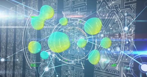 Floating multicolored holographic spheres in data interface, with network lines Foto stock