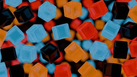 Floating Multicolored Transparent and Opaque Cubes on Black Background.. Stock Illustration