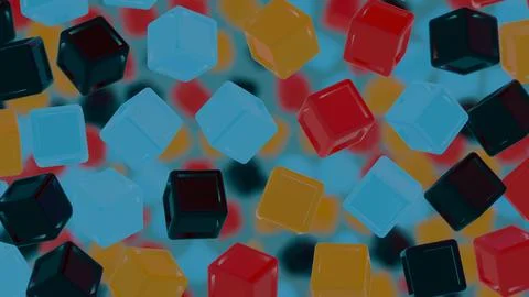 Floating Multicolored Transparent and Opaque Cubes on Black Background.. Stock Illustration