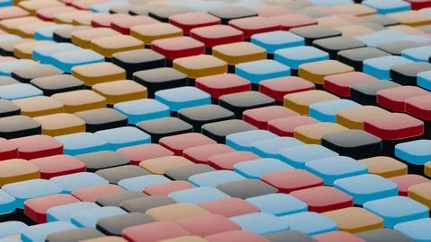 Floating Multicolored Transparent and Opaque Cubes on Black Background.. Stock Illustration
