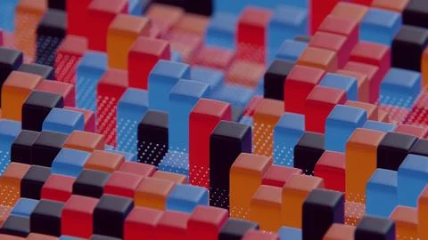 Floating Multicolored Transparent and Opaque Cubes on Black Background.. Stock Illustration