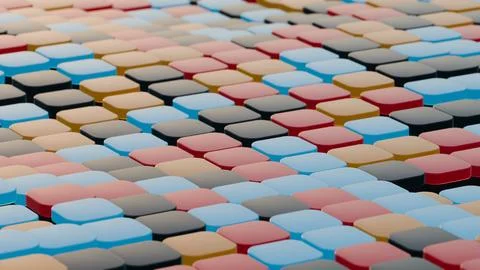 Floating Multicolored Transparent and Opaque Cubes on Black Background.. Stock Illustration