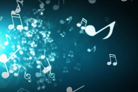 Floating musical notes on an abstract blue background with flares 3d illustra Illustration