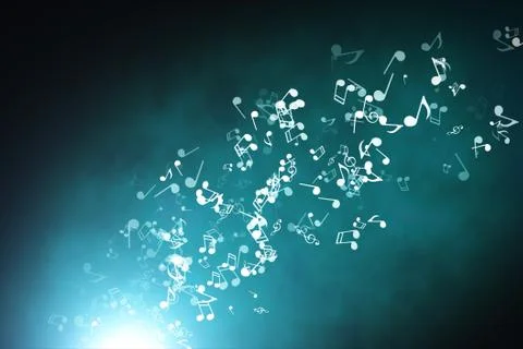 Floating musical notes on an abstract blue background with flares 3d illustra Illustration
