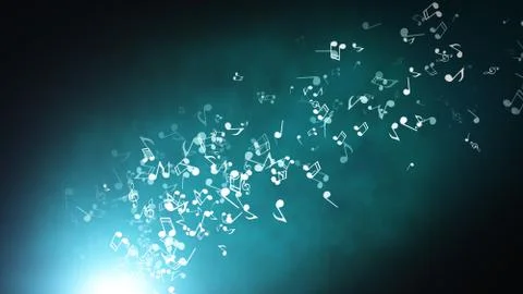 Floating musical notes on an abstract blue background with flares 3d illustra Illustration