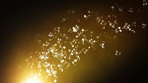 Floating musical notes on an abstract gold background with flares 3d illustra Illustration