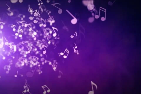Floating musical notes on an abstract purple background with flares 3d illust Illustration