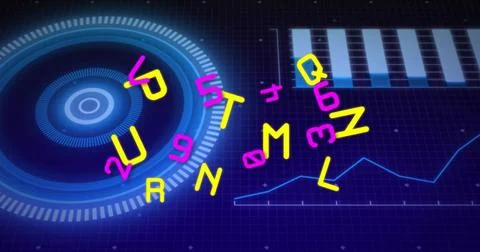 Floating neon alphanumeric cluster rotating at center of UI, with HUD left and Stock Illustration