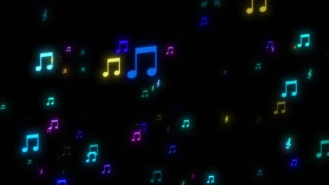 Floating neon audio symbols visual bright music icons, colorful glow, and deep b Stock Footage 340556286