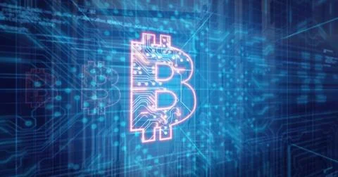 Floating neon Bitcoin symbol glowing within virtual grid of circuit lines, with イラスト素材
