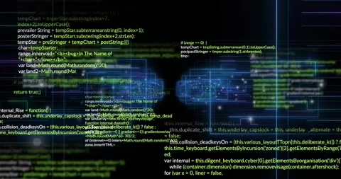 Floating neon blue clusters initiating code scrolling, pulsing shifting inward Stock Footage 316623748