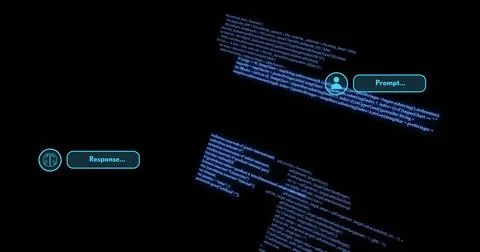 Floating neon-blue monospaced code blocks in dark space, Prompt and Response Foto stock